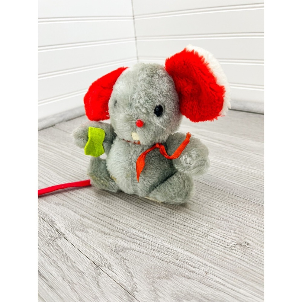 Vtg Russ Stuffy Christmas Mouse 5" Mouse Gray Big Red Ears 1977 Stuffed Animal